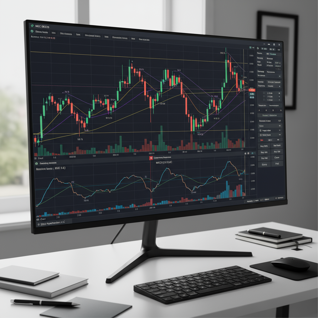 Home 1 Monitor displaying Elliott Wave chart analysis with technical indicators and trade signals in a modern workspace.